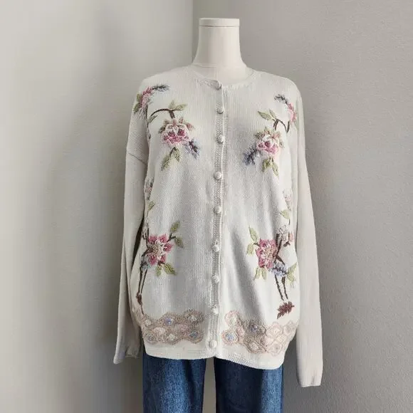 Vintage Bottega Verde Floral Embroidered Knit Cardigan Natural Fiber L - Picture 2 of 15
